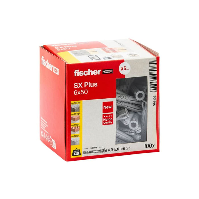 Taco SX Plus 6x50 (Sin Tornillo) 100 uds | Expansión Óptima y Sujeción Segura - fischer Shop